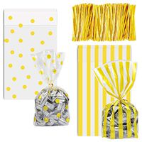 OFNMY 100pcs Cello Cellophane Bags Gold Polka Dot Cookie Bags and Striped Plastic 6 x 10 inch Candy Bags with 200 Pieces Twist Ties for Treat Candy