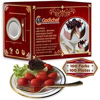 100 Premium Plastic Dessert Plates with 100 Forks - White and Gold Rim Disposable Cake Plates, Elegant Wedding Plates, Fancy Salad Plates, Thanksgiving Plates with Gold Plastic Forks Combo Bulk Set
