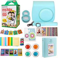 9 in 1 Fujifilm Instax Mini 9 8 Instant Camera Ice Blue Accessories Bundle - Fujifilm INSTAX Mini Instant Film Twin Pack 20 Shoots - Blue Case, Selfie Lens, Colored Filters, Frames, Stickers and More