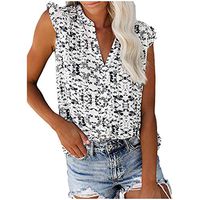Sunhusing Women's Casual Ruffled Sleeveless V-Neck Boho Small Floral Printed Vest Summer Chiffon Tank Tops(White,XL)