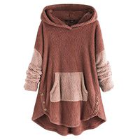 Crazyfashion Women Fleece Plush Button Plus Size Hoodie Patchwork Sweater Blouse Orange