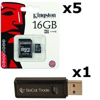 5 PACK - Kingston 16GB MicroSD HC Class 4 TF MicroSDHC TransFlash Memory Card SDC16/16GB 16G 16 GB GIGS (M.A16.RTx5.550) LOT OF 5 with USB SoCal Trade© SCT Dual Slot MicroSD & SD Memory Card Reader - Retail Packaging