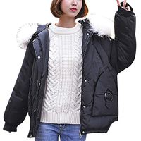 HNTDG Women Winter Coat Fur Collar Hooded Down Jacket Parka Outerwear Short Jacket Thicker Loose Overcoat Black