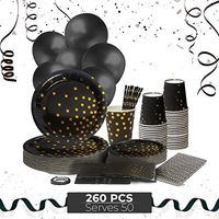 Black and Gold Party Supplies 260 Pcs, 100 Disposable Plates for Party, 50 Paper Napkins Bulk, 50 Paper Straws, 50 Cups, 10 Balloons - Baby Shower Plates and Black Party Plates, Napkins Set for 50
