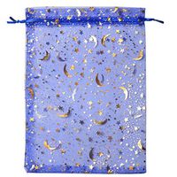 SUNGULF 100Pcs Sheer Organza Drawstring Pouches Stars and Moon Wedding Party Favor Jewelry Candy Gift Bags (6x9 inch, Blue)