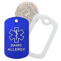 Dairy Allergy Medical Alert ID Necklace with Blue Tag, Clear Silencer, and 30'' USA Chain - 154 Color Choices