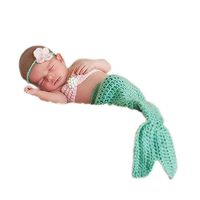 Newborn Baby Photography Prop Handmade Crochet Mermaid Headband Bra Tail Romper Outfit (Light Blue Mermaid)