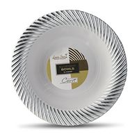 [40 Count - 5 Oz Bowls] Laura Stein Designer Tableware Premium Heavyweight Plastic White Dessert Bowl With Silver Designed Border, Party & Wedding Plate Curve Series Disposable Dishes
