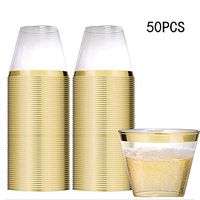 9oz 50Pack Plastic Cups, Hard Transparent Plastic Disposable Cups, 250ml Reusable, for Birthday Party/Outdoor Wedding/Family Dinner or any Special Event (Gold)