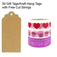 Wrapables 50 Scalloped Gift Tags/Kraft Hang Tags with Free Cut Strings & Set of 3 Washi Tape for Gifts, Crafts & Price Tags - I Heart Cupcakes