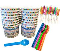 Ice Cream Sundae Kit - 12 Ounce Patterned Paper Treat Cups - Eco Friendly Plastic Spoons - Umbrella Picks - 16 of Each - Yellow, Green, Blue, White, Red