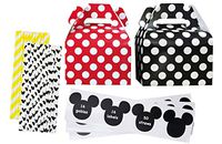 Mickey Mouse Theme Party Kit - 16 Gable Treat Boxes - 16 Mickey Mouse Theme Vinyl Chalkboard Labels - 50 Paper Straws - Red Black Yellow White