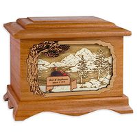 Soulmates Together Always Wood Funeral Urn with Two Companions - Wood Art Inlay Cremation Urn with Couple Together Again on Bench (Ambassador Standard Size for One Person, Mahogany Custom)