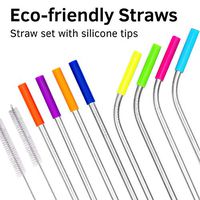 Stainless Steel Straw Set with Silicone Tips 8 straw 2 cleaning brush - Drinking Straws Set for Tumblers - Reusable Metal Straws Cups Mug - Extra Long 10.5 - Reusable Steel Straws 4 straight 4 bended