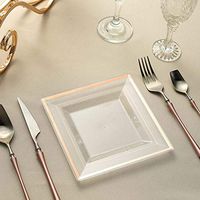 Efavormart 10 Pack 7" Clear Disposable Plates Square Plastic Plates Salad Dessert Plates With Shiny Rose Gold Rim For Weddings