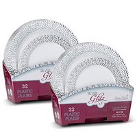 Laura Stein Designer Dinnerware Set of 64 Premium Plastic Wedding/Party Plates: White, Silver Rim. Set Includes 32 10.75" Dinner Plates & 32 7.5” Salad Plates | Glitz Series