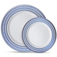 Laura Stein Designer Dinnerware Set of 64 Premium Plasic Wedding/Party Plates: White, Blue Rim, Silver Accents. Set Includes 32 10.75" Dinner Plates & 32 7.5” Salad Plates | Midnight Blue