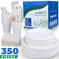 350 Pieces Disposable Paper Plates Set - Eco Friendly Biodegradable Party Dinnerware - Compostable Sugarcane Bagasse Fiber Plates and Corn Starch Cutlery - Includes Cups and Napkins
