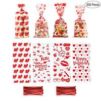 200 Pieces Valentine Cellophane Bags Treat Bags Goodies Bags Candy Bags with 200 Pieces Twist Ties for Valentine's Day Party Favor Supplies, 4 Assorted Styles