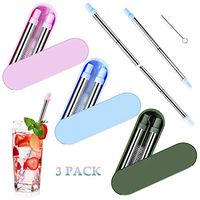 Finyosee Telescopic Collapsible Reusable Straw,Stainless Steel Metal Foldable Straw, Folding Premium Portable Set for travel,party with Hard Case Holder & Cleaning Brush (3 PACK)