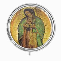MaXing Our Lady of Guadalupe Mosaic Custom Personalized Silver Round Pill Box Decorative Metal Medicine Container Case