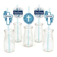 Christening Blue Elegant Cross - Paper Straw Decor - Boy Religious Party Striped Decorative Straws - Set of 24