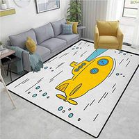 Yellow Submarine Moroccan Area Rug for Girls Room, Ocean Nautical Adventure Underwater Bubbles Porthole Cartoon Kids, Fashionable High Class Living Dinning Room(2'x 3') White Yellow Blue