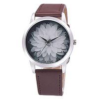 Nmch Leather Strap Wristwatch, Womens Casual Analog Quartz Watch Floral Design Round Clock (Coffee)