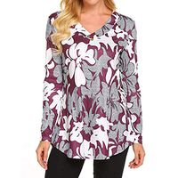 HNTDG Women Casual V-Neck Floral Print Button Plus Size Long Sleeve Swing Tunic Tops Shirts Wine