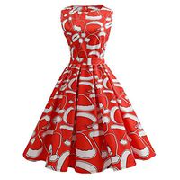 Challyhope Women Sleeveless Vintage Print Bow Bodycon Cocktail Party Dress with Belt (Red, XXL)