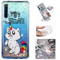 Liquid Glitter Case for Samsung Galaxy A9 2018,Aoucase Cartoon Pattern Luxury 3D Diamond Sparkle Quicksand Shockproof Anti-Scratch Soft Bumper Case with Black Dual-use Stylus,Rainbow Cat