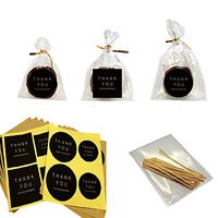 Flat Cellophane Bags with "Thank You" Round & Square Sticker for Gift Packaging, Pack of 40 (10x15cm, Black)