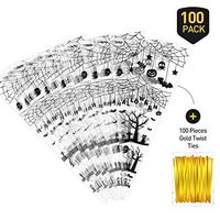 Pack of 100 - Halloween Candy Bags Spider Pattern Cone Cellophane Bags with 100 Pieces Gold Twist Ties for Kids Halloween Party Favor