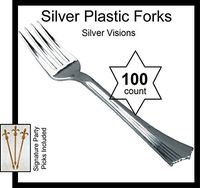 100 count Silver Plastic Forks, Silverware Look w/Signature Party Picks