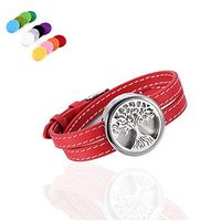 constantlife Tree of Life Stainless Steel Fragrance Jewelry Adjustable Genuine Leather Band Bracelet Essential Oil Diffuser with 12 Pads (Red)