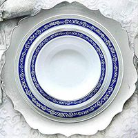 Set of 40 Disposable Dinner Plates Bundle Combo | Premium Quality Firm White Plastic | Elegant Silver on Blue Designed Rims | Bulk Qty 20x 10.25'' Dinner Plates + 20x 7.25'' Salad Plates