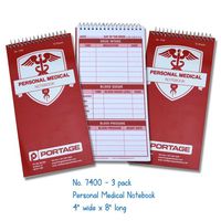 Portage Personal Medical Notebook and Journal - Durable 8” x 4” Logbook for Tracking Daily Drug Intake, Blood Sugar Levels, and Blood Pressure, 3 Pack