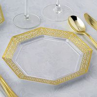 Tableclothsfactory 24 Pack 8" Gold Trim Octagonal Clear Disposable Partytown Plastic Plates