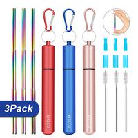Metal Straws Reusable Collapsible Stainless Steel Straws Portable Telescopic Drinking Straw for Tumbler Cold Beverage with Aluminum Key-chain Cases, Cleaning Brushes