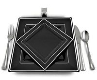Square Black Disposable/Reusable Plastic Plates With Silver Rim 20 Pack-10 (9.5 Inch) Dinner + 10 (6.5 Inch) Dessert/Salad for Wedding Anniversary Christening all Events and Parties