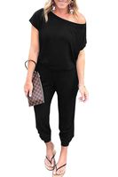 PRETTYGARDEN Women Casual Short Sleeve One Shoulder Solid Waisted Long Jumpsuit Romper Black