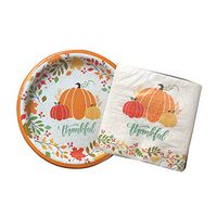 Fall Holiday Paper Plates and Napkins,"Thankful" with Pumpkins, Fall Leaves, 18 Plates + 18 Napkins, Use for Thanksgiving or All Year Long
