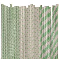 Mint Green Paper Straw Mix - Striped, Chevron, Polka Dots (75)