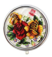 Small Round Silver Gold Roses Pill Box with Mirror - Silver Elegant Pill Box