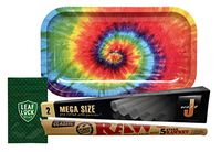 JWare Pre-Rolled Super Size Cones, RAW 5 Stage RAWket, Leaf Lock Gear Smell Proof Pouch, with Rolling Paper Depot Rolling Tray (Tie Dye)- 4 Item Bundle