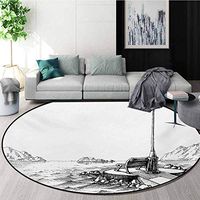 RUGSMAT Sketchy Modern Washable Round Bath Mat,Bench and Lantern in The Middle of Ocean Waves Mountains Rocks Artistic Monochrome Non-Slip Bathroom Soft Floor Mat Home Decor,Diameter-35 Inch