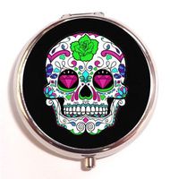 Sugar Skull Tattoo Art Rockabilly Mexican Day of the Dead Pill Box Pillbox Case Black Border