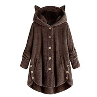 Cenglings Women O Neck Long Sleeve Faux Fur Tops Loose Button Fleece Cat Ear Plus Size Hooded Plus Size Sweater Jacket Coffee