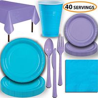 Disposable Party Supplies, Serves 40 - Turquoise and Lavender - Large and Small Paper Plates, 12 oz Plastic Cups, Heavyweight Cutlery, Napkins, and Tablecloths. Full Two-Tone Tableware Set