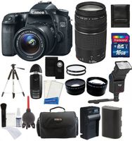 Canon EOS 70D Digital SLR Camera + 18-55mm STM Lens + Canon EF 75-300mm III Lens + 16GB Card and Reader + Flash + Tripod + Battery and Charger + Case + 58mm UV Filters + Telephoto and Wide-Angle Lenses + Digital Camera Accessory Kit